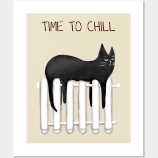 Cartoon funny black cat and the inscription "Time to chill". Posters and Art
